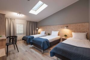 trzy łóżka pojedyncze w nowoczesnym pokoju